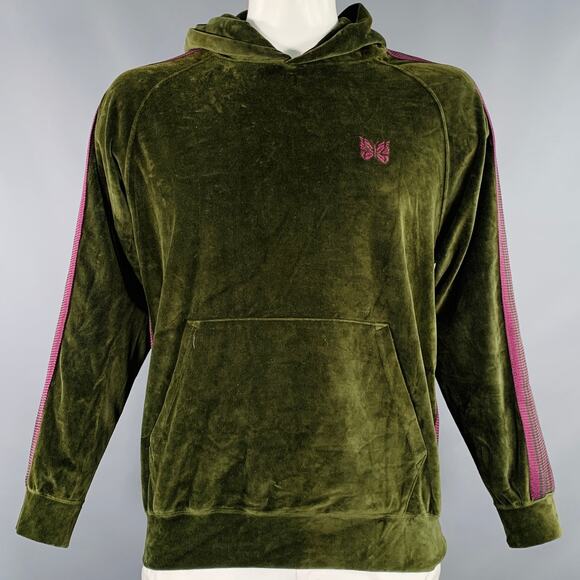 NEEDLES Size L Green Purple Velvet Cotton Blend Hooded Sweatshirt - Picture 1 of 6